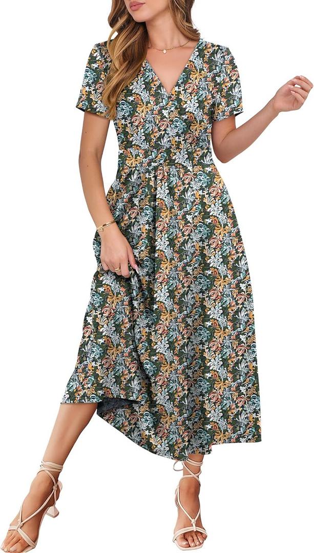 Prinbara Womens Summer Casual Wrap Short Sleeve Floral Maxi Dress 2025 Spring Elegant V Neck Flowy Boho Beach Long Dresses ( XL )