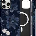 Magnetic for iPhone 13 Pro Case Cute Navy Blue Floral Phone Case, Aesthetic Flower Shockproof Slim TPU and Hard PC Protective Phone Cover Compatible with MagSafe Gift for Women