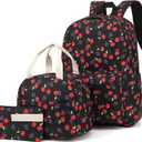 Cherry School Backpack for Girls, 3Pcs Waterproof Lightweight Kids Student Backpacks with Lunch Bag and Pencil Case, 12.5"x5.9"x16.5"