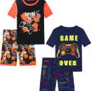 Boys Pajama Set, 4-Piece Cotton Pajamas Short Summer PJs Kids Sleepwear (Blue)