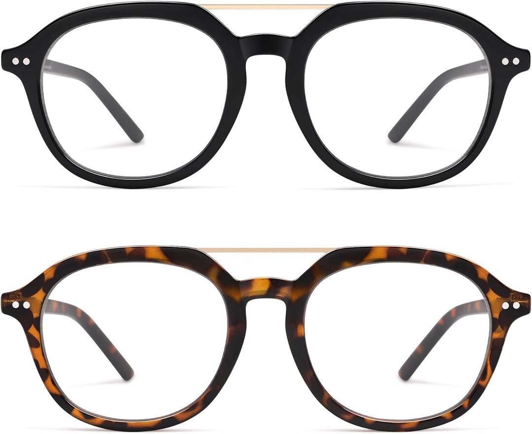 AMOMOMA 2 Pack Retro Aviator Square Reading Glasses for Women Men,Classic Blue Light Computer Womens Readers AM6161 (Ac1.black+c4.tortoise)