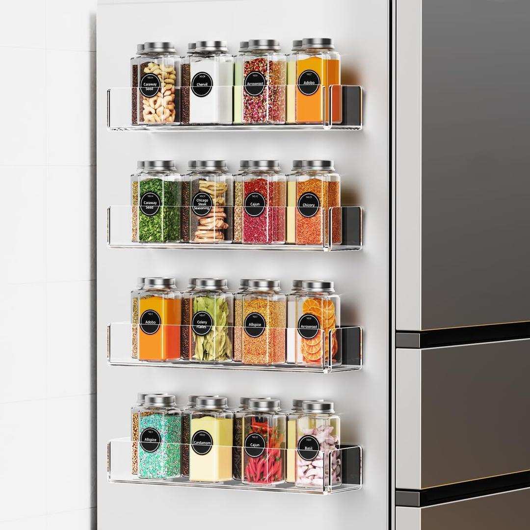 Lumanman 4 Pack Acrylic Spice Racks for Refrigerator and Oven, Magnetic Fridge Organizers and Storage, Clear