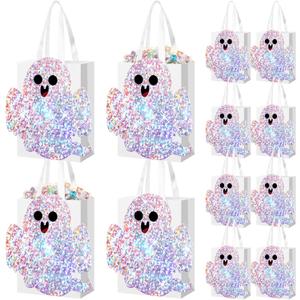 Yexiya 16 Pcs Iridescent Halloween Ghost Paper Gift Bags Party Favor Bags with Handle Holographic Candy Goodie for Halloween Birthday Holiday Party Supplies(Shiny Style)