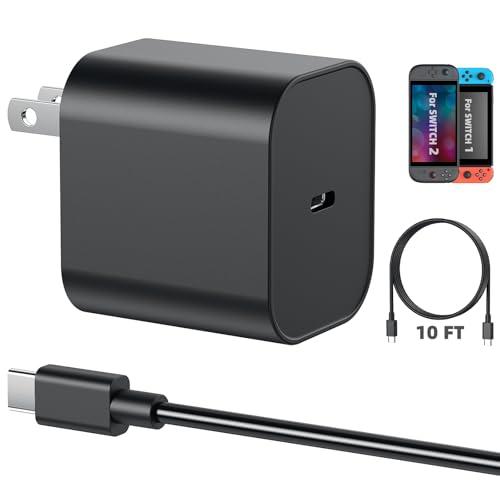 Switch 2 Charger - 60w AC Power Adapter for Nitendo 2/1, 10FT/3M Extra Long USB C Cable, Support 4K TV Dock, PD 3.0 Fast Charging Power 20V/3A for Switch Batteries(10FT - Long Reach for Large Spaces)