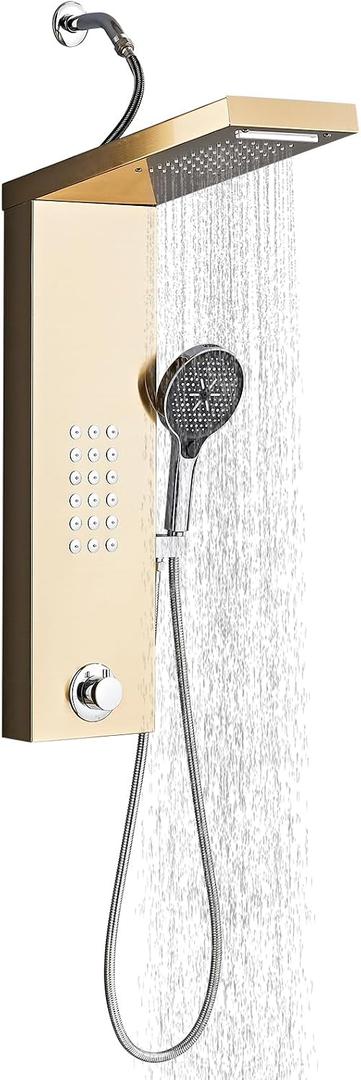Shower Panel Tower System,Rain Shower Head Rainfall Waterfall Shower,Handheld High Pressure Rain Massage System(Gold)