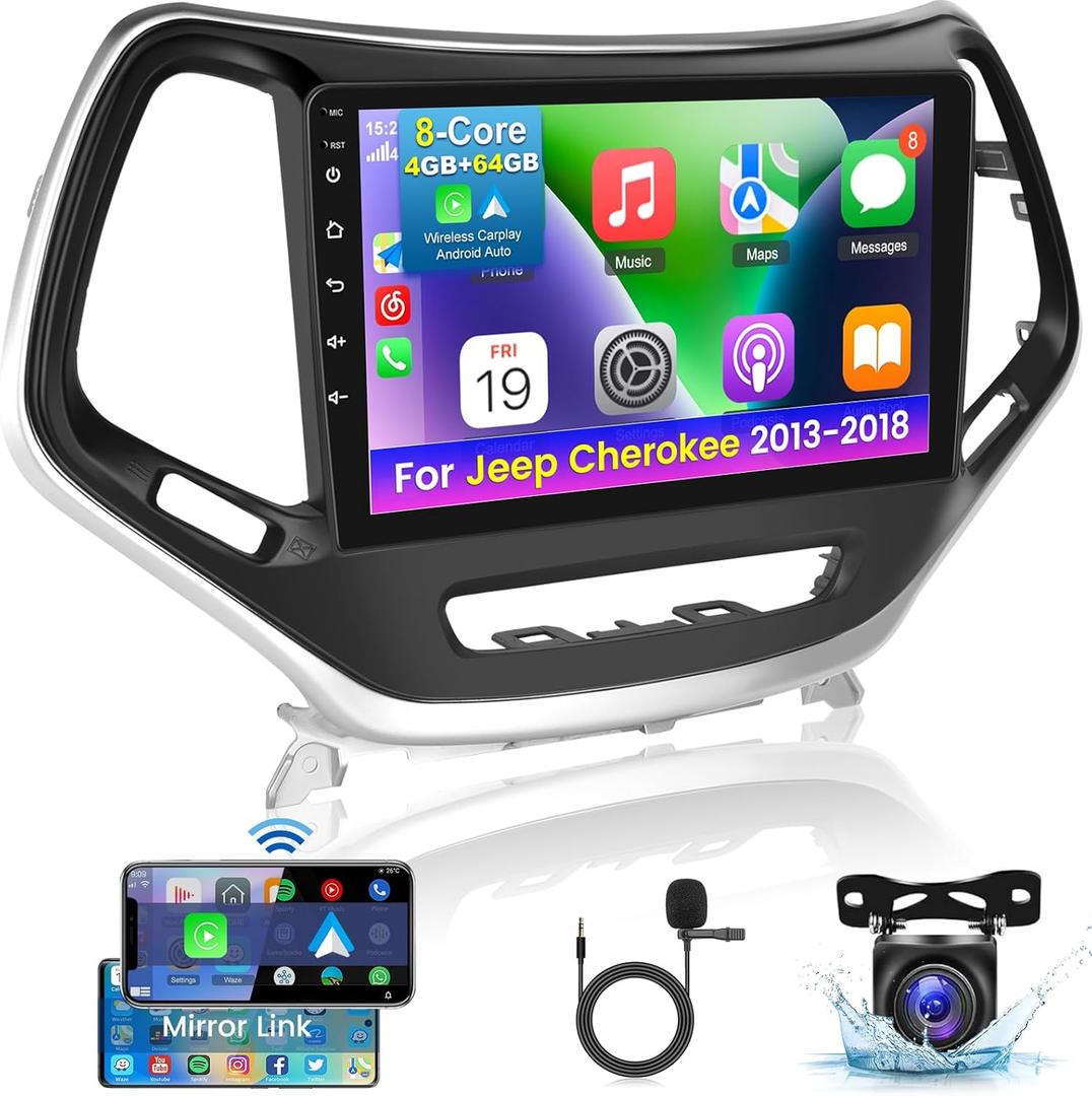 [8 Core 4+64G] Car Radio for Jeep Cherokee 2013-2018 with Wireless Carplay and Android Auto - 10.1 Inch IPS 1280 * 720 Touchscreen Android Car Stereo - DSP 32 EQ/WiFi/GPS + AHD Backup Camera