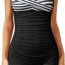 Tempt Me Women Tummy Control One Piece Swimsuits with Shorts Boyleg Retro Bathing Suit Halter Swimwear (X-Large, Black Stripe)