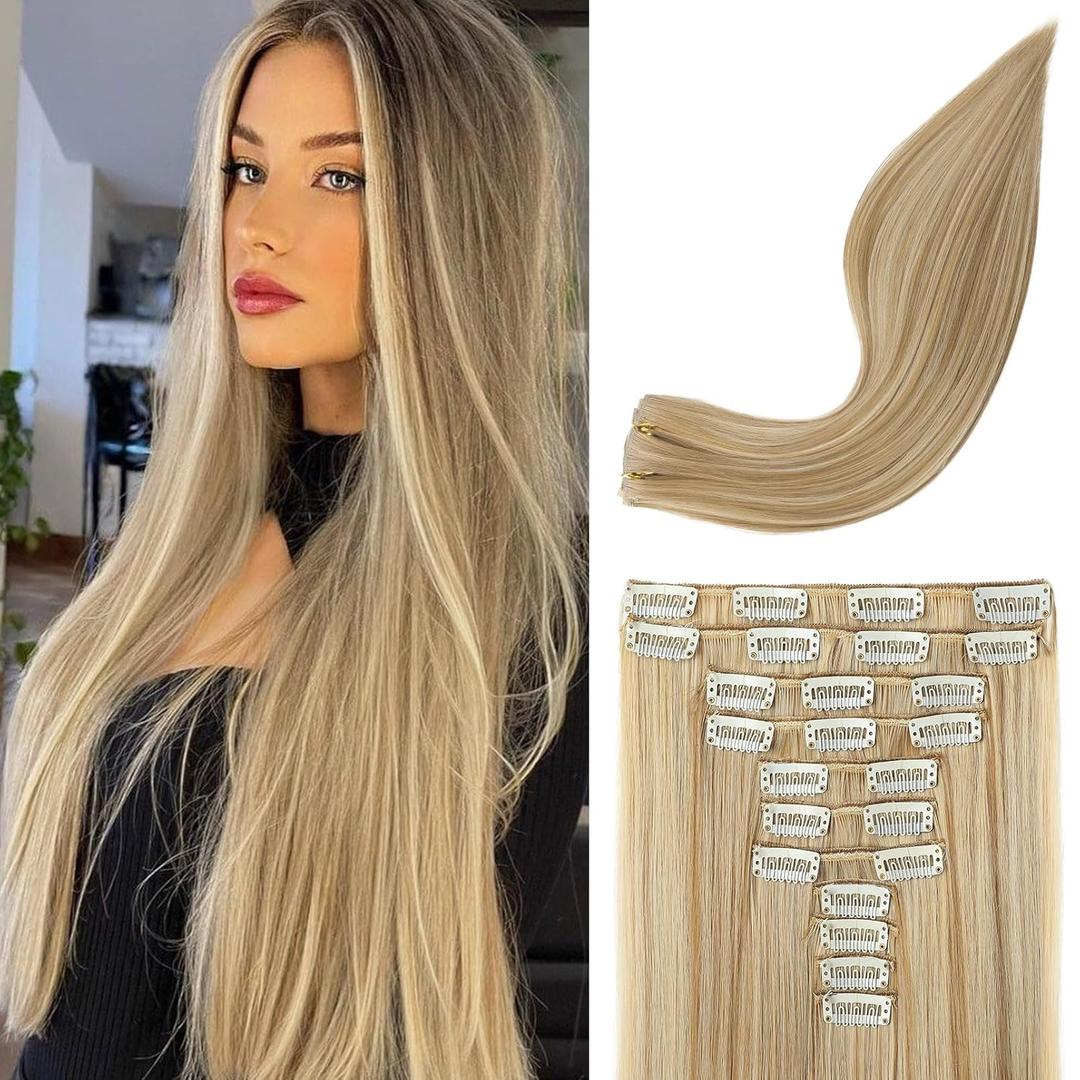REECHO Hair Extensions, 11PCS Clip in Hair Extensions 24" Long Straight hair extensions HE005 Natural Soft Synthetic Hairpieces for Women Dark Blonde with Highlights