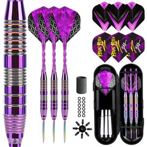 Darts Metal Tip Set 3 Aluminum Shaft Metal Dart Set Professional Darts Steel Tip Sets + Extra Dart Flights 3 Replace Plastic Shafts Beginner or Professional Darts 22g (Purple)