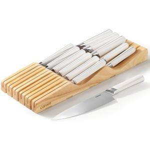 CAROTE 12PCS Knife Set, Stainless Steel Kitchen Knife Set with Drawer Store Kinife Organizer, Cutlery Set with Block, Dishwasher Safe, White (Include Knives)