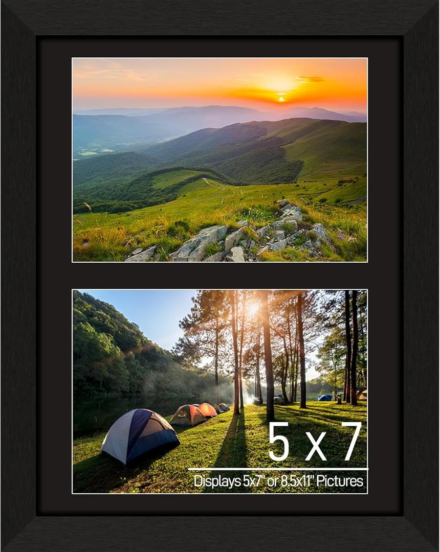 5x7 Double Picture Frame Collage 2 Openings Wooden, Multi Photo Collage Frame 8.5x11 Gallery Wall Decor, Black Frame with Black Mat, Wood