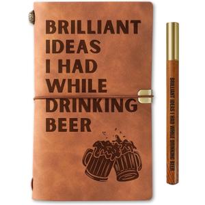 InnoBeta Beer gifts Leather Journal Notebook with Pen, for Beer Lovers, Men, Women on Birthday, Refillable Sketchbook, Travel Diary, Lined Planner, 7x5 Inches, Brown
