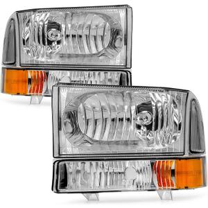 Headlights Assembly for 1999-2004 Ford Super Duty F250 F350 F450 F550 | 2000-2004 Ford Excursion with Corner Bumper Set Chrome Housing Amber Reflector Replacement Pair