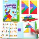 BenBen Travel Tangram Puzzle with 2 Sets Magnetic Wooden Shapes, Extra Large Dual-Sided Magnet Surface, Color Pattern IQ Book Road Trip Car Plane Game Educational STEM Travel Toys for Kids Adults