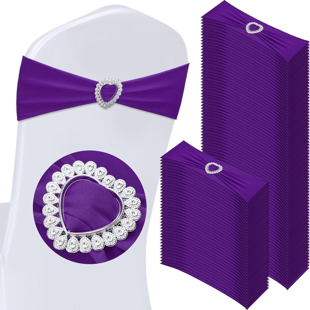 VitalCozy 100 Pcs Spandex Chair Sashes with Heart Shaped Buckle Slider Stretch Chair Cover Band Universal Elastic Ties for Wedding Banquet Event Party Decoration(Purple)