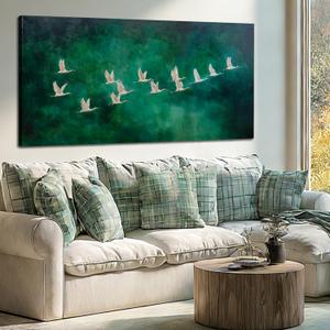 Large Framed Wall Art Flying Cranes Canvas Prints Green Nature Wall Decor Animal Wall Decorations for Living Room Office Hallway Retro Decor 29x58 Inch
