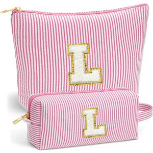 Fohufo Travel Toiletry and Makeup Bag - Travel Essentials for Women, Pink Initial Makeup Bags for Hair Ties, Clips, Brushes, Sponges, Lipsticks, Blush, Eyelash Curler, Easy to Carry, Pink Letter L