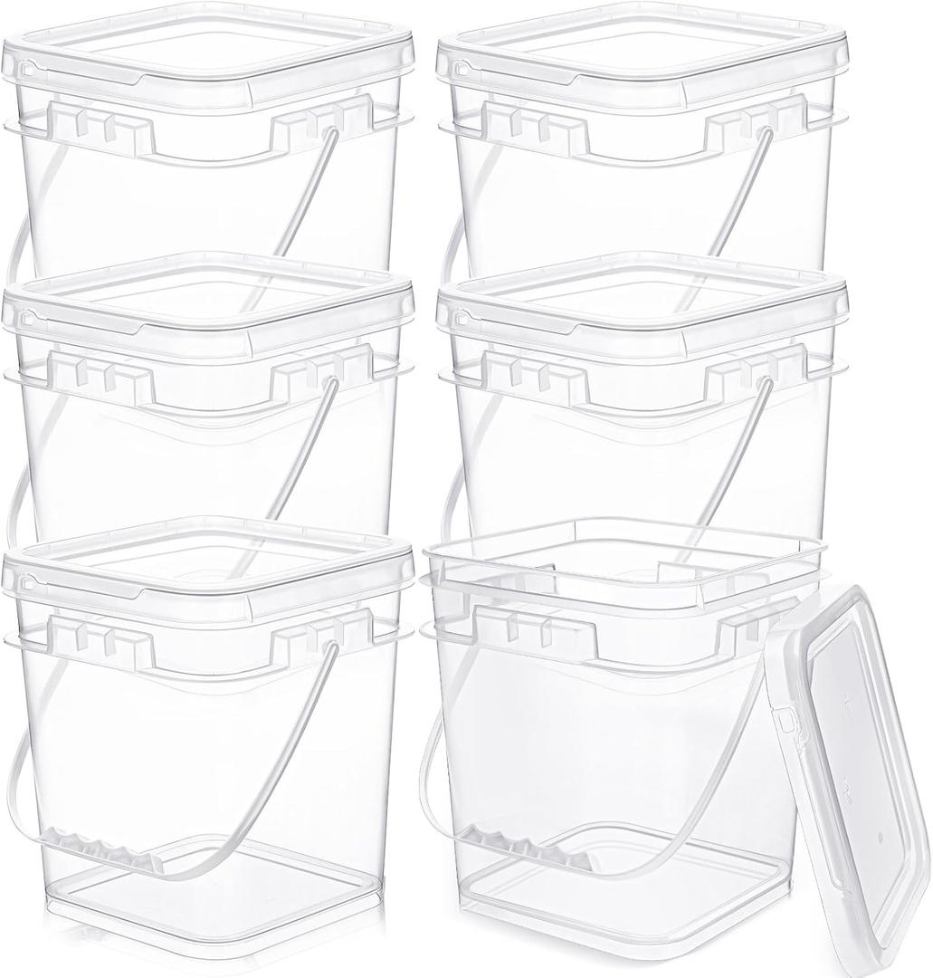 Domensi 6 Pcs Clear Square Bucket with Lid Food Ice Cream Plastic Buckets with Handle Reusable Freezer Containers Industrial Pails for Paint Storage for Kitchen Home(1.5 Gallon) (EXP 12/31/26)