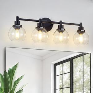 4-Light Bathroom Light Fixture Black Vanity Lights Over Mirror Modern Wall Sconce Farmhouse Vintage Bathroom Vanity Lighting with Glass Shade for Bedroom Hallway Cabinet Bathroom