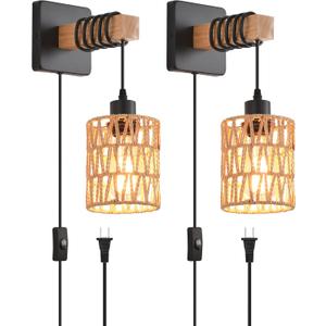 Rustic Wall Sconces Fixtures with Plug in Cord, Set of Two Indoor Vintage Rattan Wall Light Industrial Lamp Fixture Farmhouse Metal Sconces Light for Bedroom Bedside Living Room (2 PACK)
