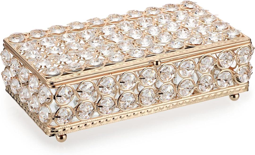 ELLDOO Crystal Jewelry Box Rectangle Trinket Organizer Earrings Rings Box Treasure Box Storage Home Decor Accent Decorative Box with Lid for Valentine Wedding Christmas Birthday Gift, Gold