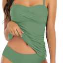 Shuangyu Women's Twist Front Bandeau Tankini Set Two Pieces Ruched Tummy Control Suimsuit with Mid Waist Briefs