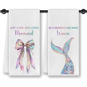 Coquette Bow Mermaid Coastal Beach Kitchen Dish Towels, Mermaid Gifts for Women Girls, Glitter Mermaids Tail Decorative Hand Tea Towels for Kitchen Bathroom, 16x24 Inches Set of 2