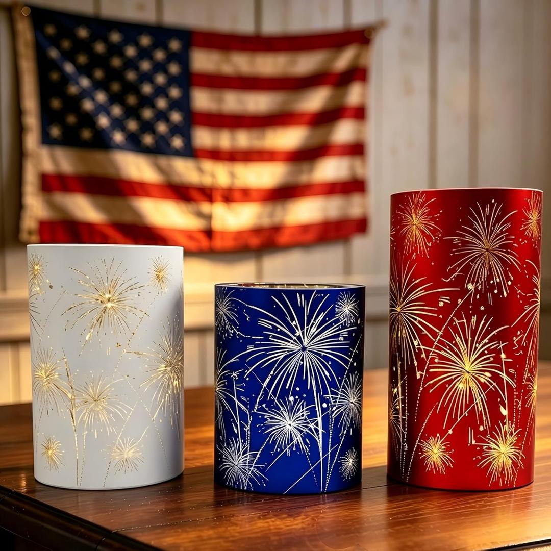 Set of 3 Celebration Hurricanes Lantern Firework Lights with Timer - Etched Starburst Warm White LED Lights,Patriotic Twinkling Decorative Centerpiece Memorial Day Decor for Mantel, Wedding Holiday