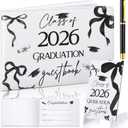 Yingzhao Leather Graduation Guest Book with Wood Table Sign and Signature Pen 144 Pages Class of 2026 Graduation Signature Book Grad Guest Scrapbook College Party Supplies(Black,Black Bow)