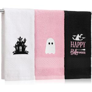 3 Pcs Pink Halloween Hand Towels for Bathroom, Happy Halloween Embroidered Towels Farmhouse Decorative 13.78 x 29.53 Inch Absorbent Soft Cotton for Kitchen Dish Fast Drying Gift