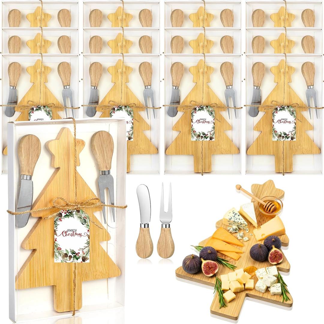 Roshtia 12 Set Christmas Charcuterie Board Gift Bulk Christmas Cutting Boards with Cheese Knives Forks Bamboo Cutting Board for Kitchen Xmas Party Bridal Shower Favor Supplies(Xmas Tree)
