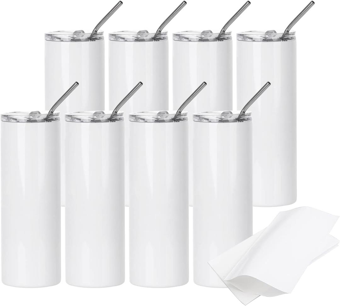 PYD Life 8 Pack Sublimation Tumblers Blanks 20 OZ Skinny White Straight Stainless Steel Cups with 10 PCS Shrink Wrap Film for Tumbler Press Machine Sublimation Oven Printing