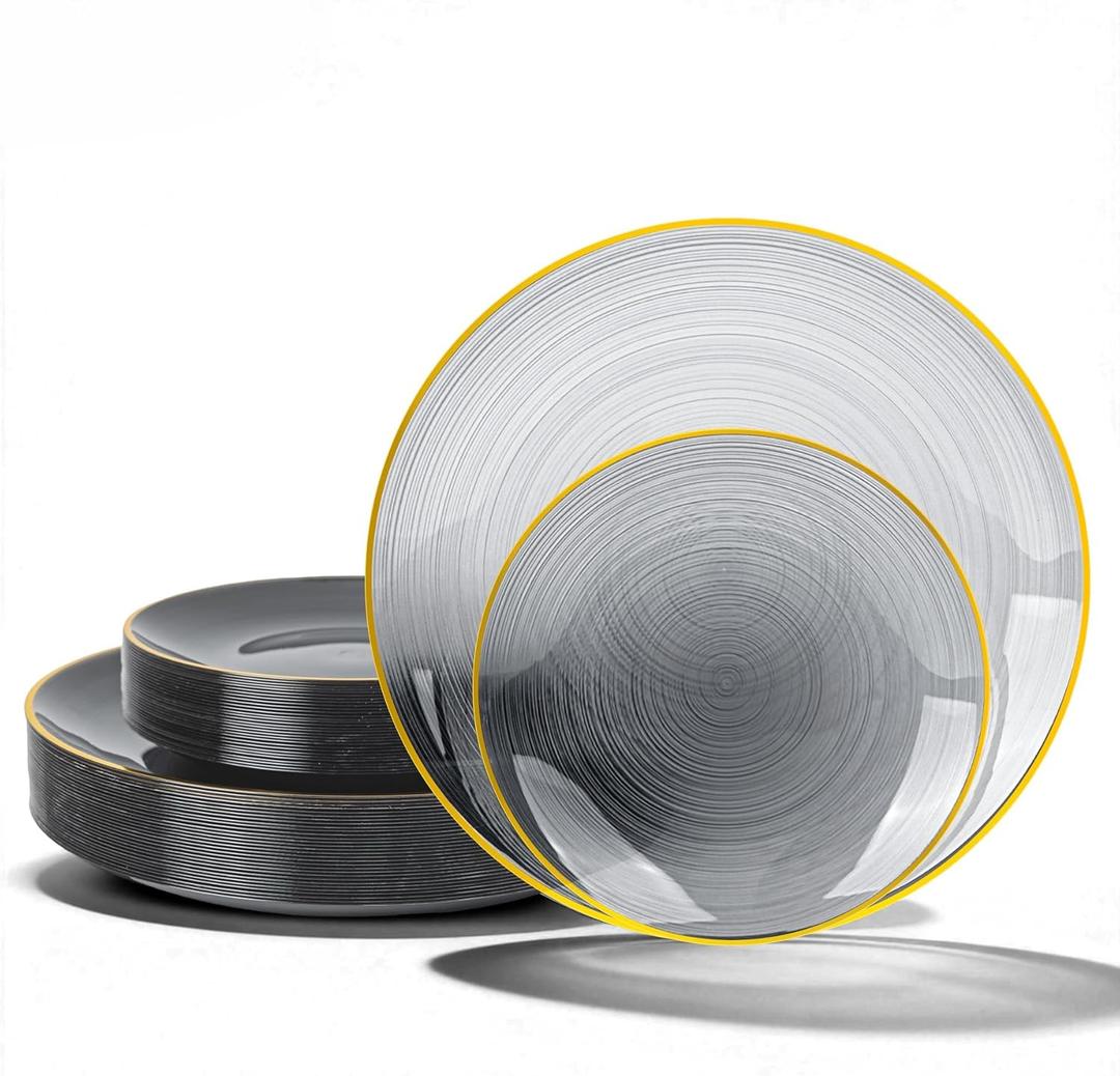 N9R 60PCS Black Plastic Plates with Gold Rim, Elegant Disposable Plates, Circular Ribbed Design, 30 Dinner & 30 Dessert Plate for Parties, Weddings, Halloween, Banquets and Events (Translucent Black)