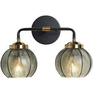 Mid Century Vanity Light Black Bathroom Wall Light Fixtures Green Glass Wall Sconce lamp Ribbed Glass Shade Modern Art Deco Vanity Lights for Over Mirror Bedroom Hallway 2 Lights