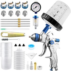 RRJ HVLP Spray Gun Kit, 650ml Mixing Cup& 10x Disposable Cups and Lids, Paint Gun Automotive with 1.4/1.7/2.0/2.5mm Nozzles, Paint Guns for House Painting, Car, Furniture, Fence, DIY (Blue)