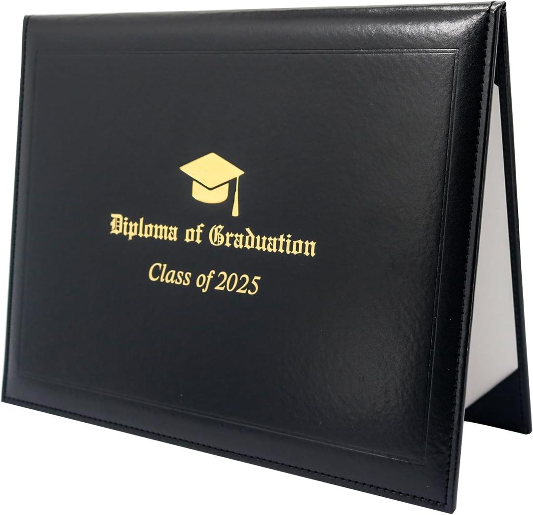 Graduationmall Printed Synthetic Leather Diploma Cover For 8.5 X 11-Inch Certificate, Padded Support For 2025 Class Graduation Diploma, Black Color