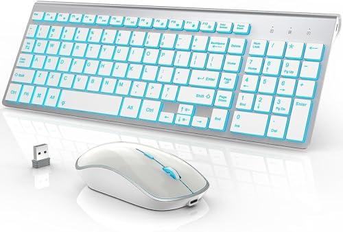 J JOYACCESS Wireless Keyboard and Mouse Combo with 7 Backlit Options,Quiet Light Up Keys,Type-C Rechargeable,Sleep Mode-2.4G Slient Portable Cordless Combo for Laptop/PC/Computer/Mac(White+Sliver)