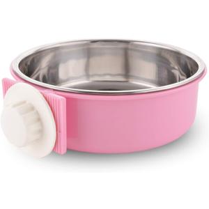 Crate Dog Bowl Removable Stainless Steel Water Food Feeder Bowls Cage Coop Cup for Cat Puppy Bird Pets (Large, Pink)