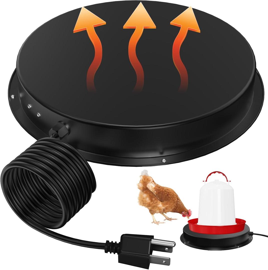 Chicken Water Heater for Winter, 11'' Heated Waterer Base for 1-5 Gallon Metal/Plastic Poultry Waterer, Built-in Thermostat (77 Auto Shut-Off), 110W Coop Heater with 6.6ft Power Cord