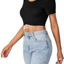 LYANER Women's Round Neck Short Sleeve Fringe Tassel Trim Hem Rib Crop Top Blouse Black X-Small