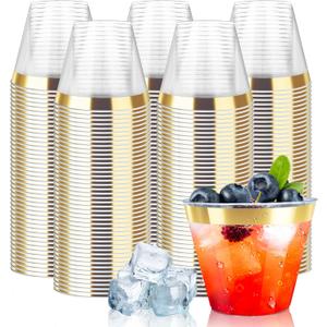 [200 Pack] 9oz Clear Plastic Cups with Gold Rimmed Sturdy & Food Safe Disposable Wine Glasses Party Wedding Cups Disposable Drinking Cups Plastic Cocktail Glasses for Wine, Juice & Cold Beverages