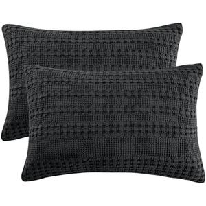 PHF 100% Cotton Waffle Pillow Shams King Size, 2 Pack 20" x 36" Soft Skin-Friendly Pillowcases, No Filling, Aesthetic Woven and Breathable Waffle Weave Pillow Case Covers for Bed, Black