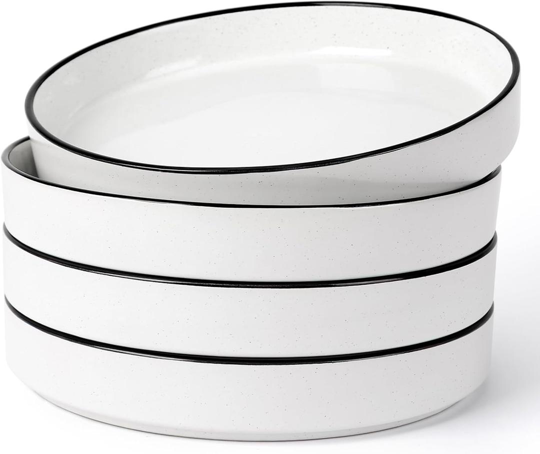 famiware Nebula Pasta Bowls for 4, 8.75-inch Salad Bowl Sets, Large Wide Bowls for Serving Dinner, White with Black Rim