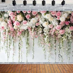 Pink Rose Flowers White Brick Wall Backdrop for Women Girls Birthday Party Banner Anniversary Wedding Baby Shower Bridal Party Decor Photo Booth Props (A, 7x5feet)