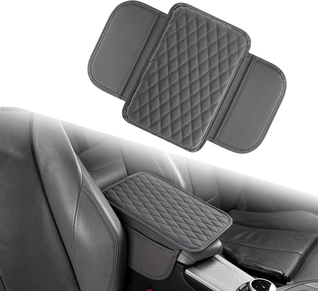Yitexin Car Center Console Cover with 2 Storage Bags, Leather Arm Rest Cover for Car Accessories Interior, Auto Universal Middle Console Cover Cushion Protector for Most Vehicle (Grey)