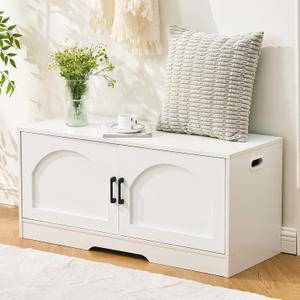 Storage Bench, 39.4" Shoe Bench with Storage, 2 Tier Entryway Bench with 2 Doors, Adjustable Shelf, 39.4" W x 15.8" D x 18.1" H, Holds up to 330lbs for Entryway Living Room Bedroom Hallway, White (39.4 inch, White+doors)