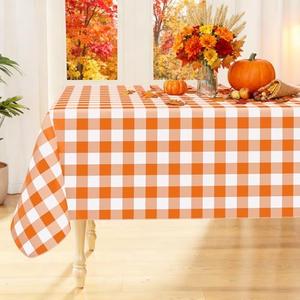 Smiry Rectangle Table Cloth, Waterproof Vinyl Tablecloth with Flannel Backing, Wipeable Buffalo Plaid Table Cover for Dining, Indoor and Outdoor (Orange & White, 52"x70")