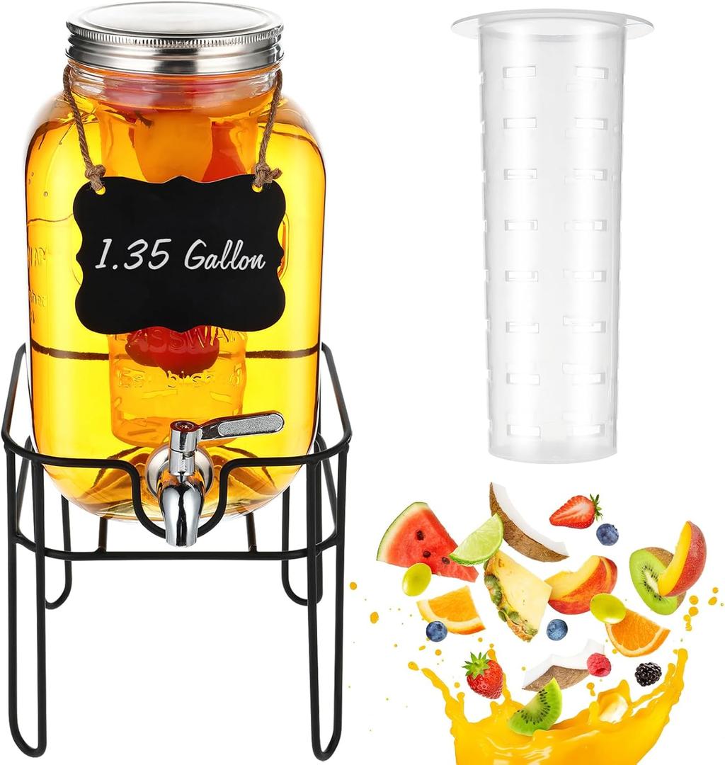 Drink Dispenser 1.35 Gallon Glass Beverage Dispenser with Stand & Stainless Steel Spigot, Drink Dispensers for Parties with Fruit Infuser for Lemonade, Iced Tea, Juice, Laundry Detergent
