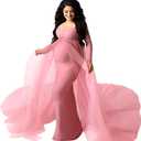 Women Off Shoulder Long Sleeve Maternity Dress Tulle Elegant Slim Fit Gown Baby Shower Photography Maxi Dress for Photo Shoot (Pink, XXL)