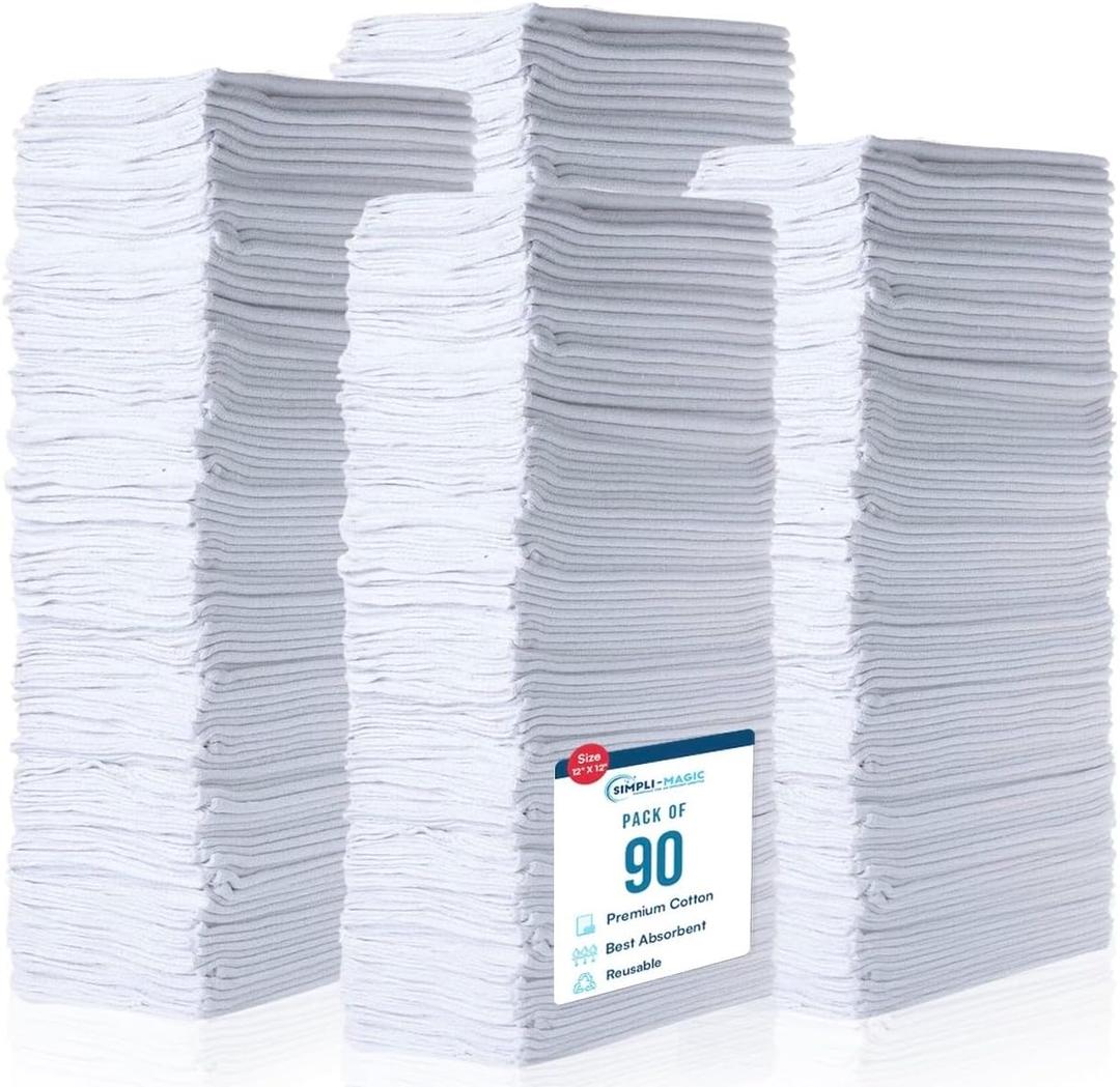 Simpli-Magic Cotton Shop Towels 14"x12" (90 Pack)  Reusable Cleaning Shop Rags for Automobiles, Industries, Garage and Homes (White)